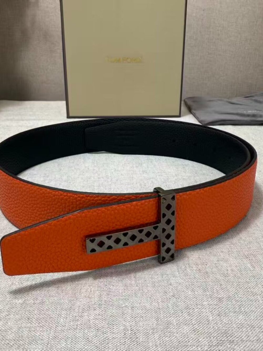 Orange Leather Belt T Buckle Reversible Black Strap Minimalist Fashion Belt